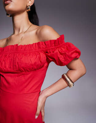 Shop Kaiia Exclusive Off The Shoulder Poplin Puff Sleeve Maxi Dress In Red