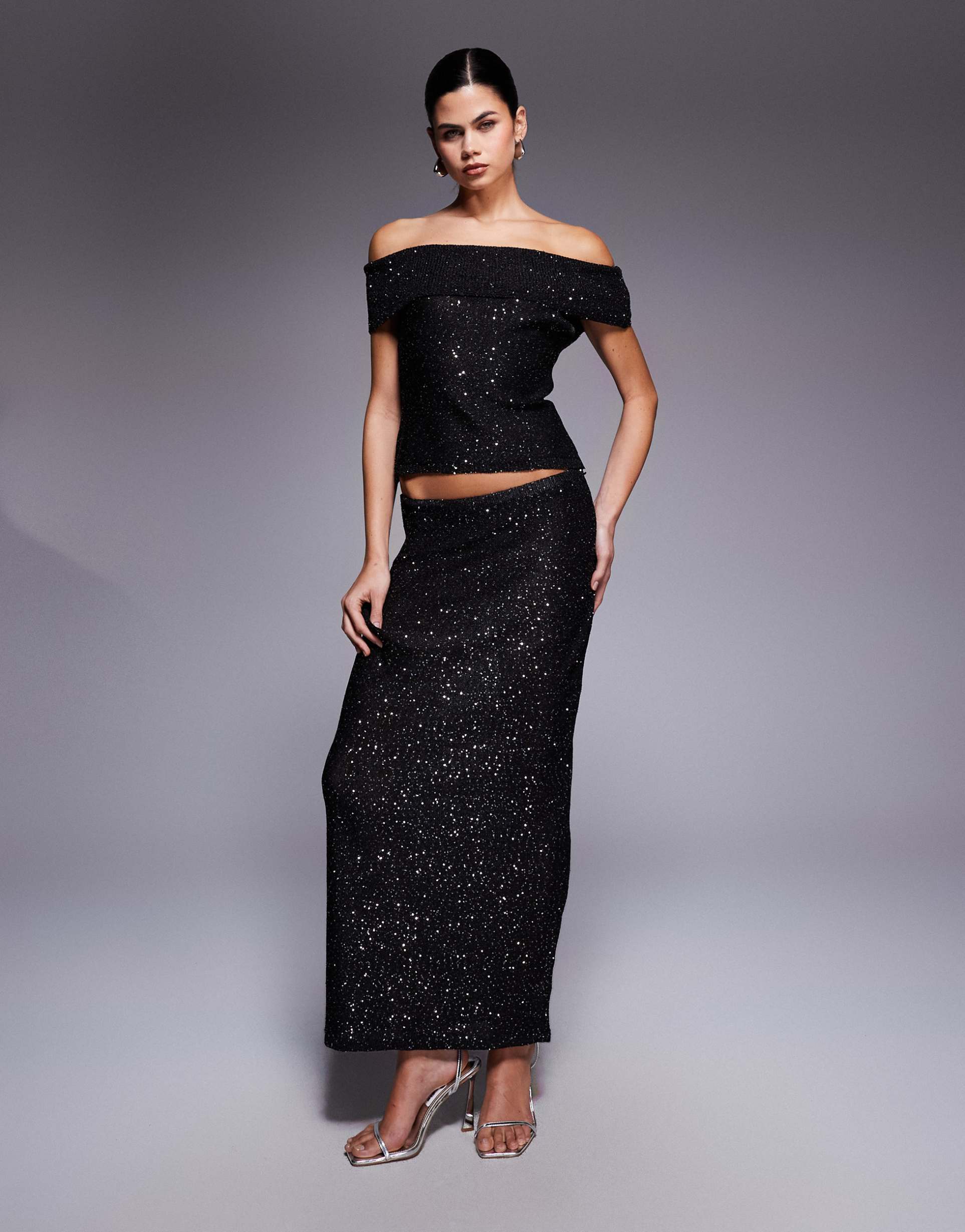 kaiia exclusive off the shoulder sequin knit maxi skirt in black - part of a set