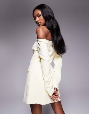 Shop Kaiia Exclusive Off The Shoulder Tailored Button Front Pocket Detail Mini Dress In Yellow
