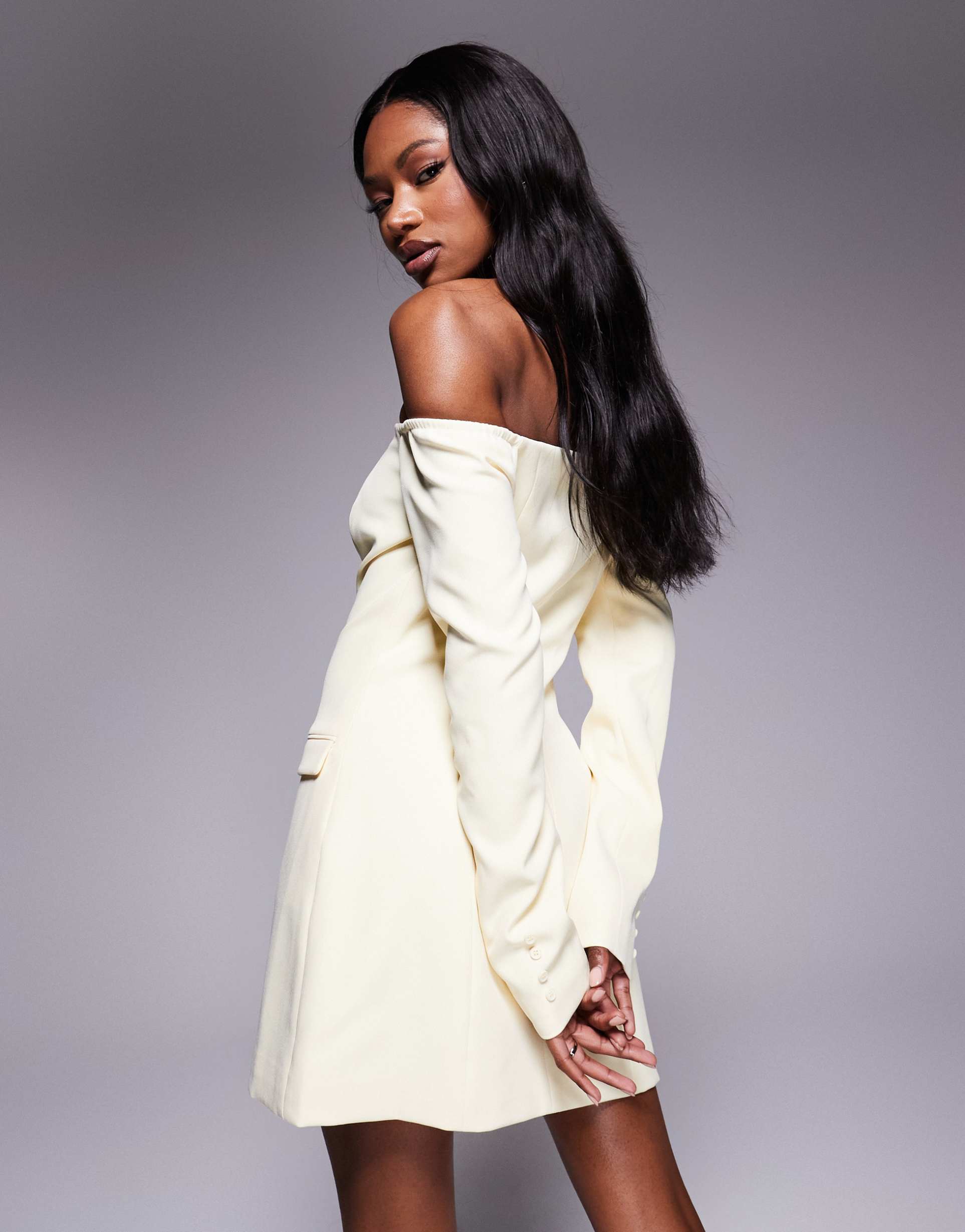kaiia exclusive off the shoulder tailored button front pocket detail mini dress in lemon