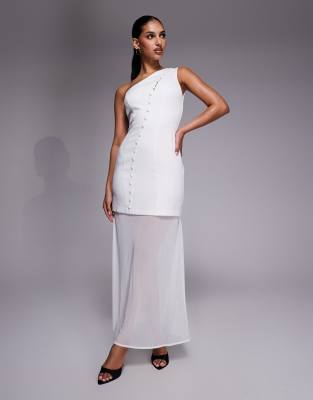 Kaiia Exclusive One Shoulder Button Up Detail Sheer Hem Maxi Dress In White