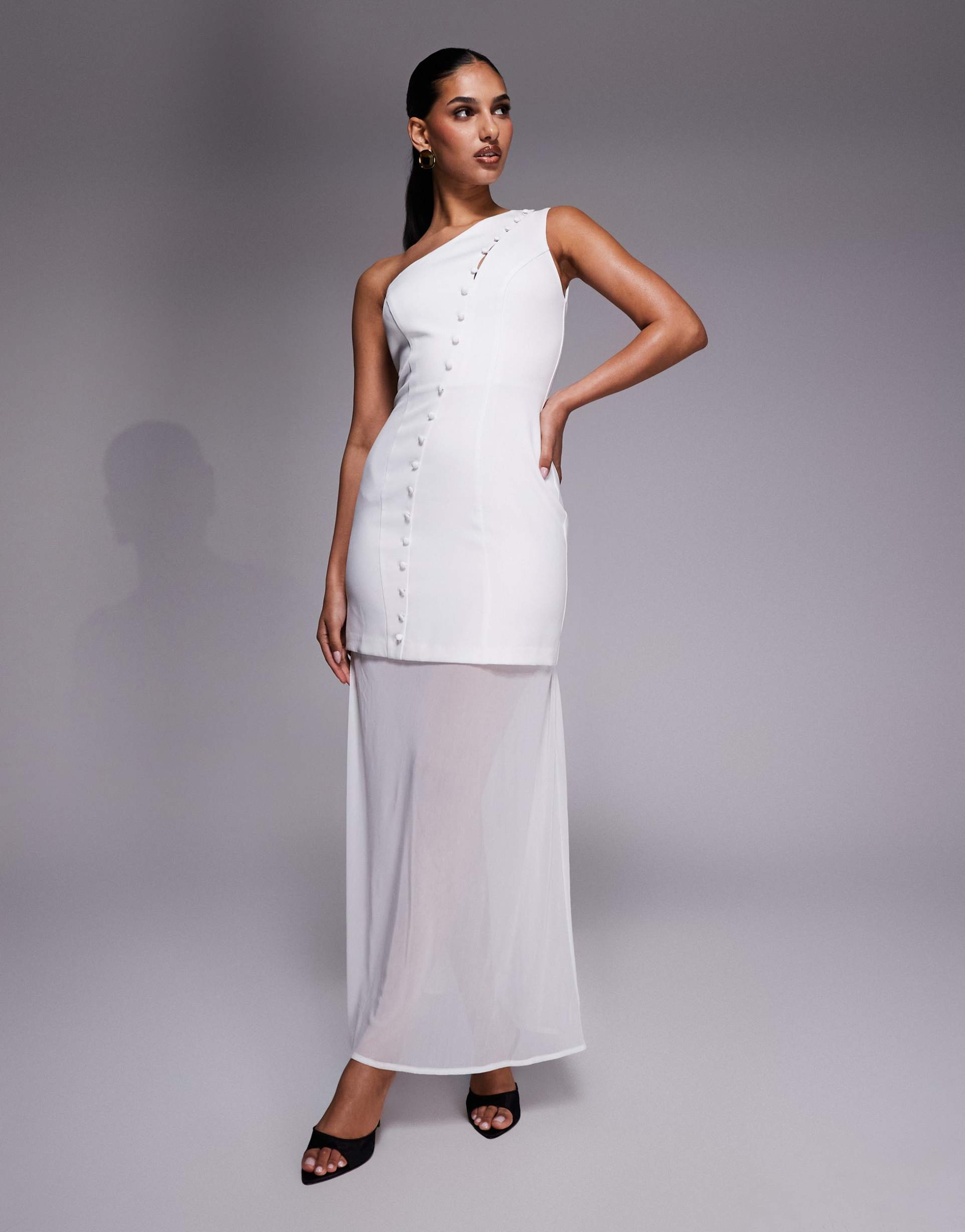 kaiia exclusive one shoulder button up detail sheer hem maxi dress in white