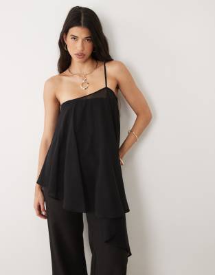 Kaiia exclusive one shoulder chiffon asymmetric drape top co-ord in black