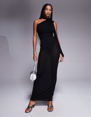 Kaiia exclusive one shoulder mesh scarf detail sheer hem maxi dress in black - view 1