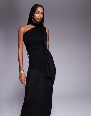 Kaiia Exclusive One Shoulder Mesh Scarf Detail Sheer Hem Maxi Dress