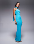 [Kaiia] Kaiia exclusive one shoulder mesh scarf detail sheer maxi dress in aquamarine-Blue 14 Aquamarine