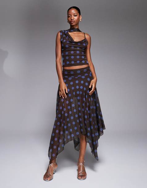 Kaiia Exclusive one-shoulder scarf cowl neck top and double layered fairy hem maxi skirt set in brown and blue polka dot - view 1