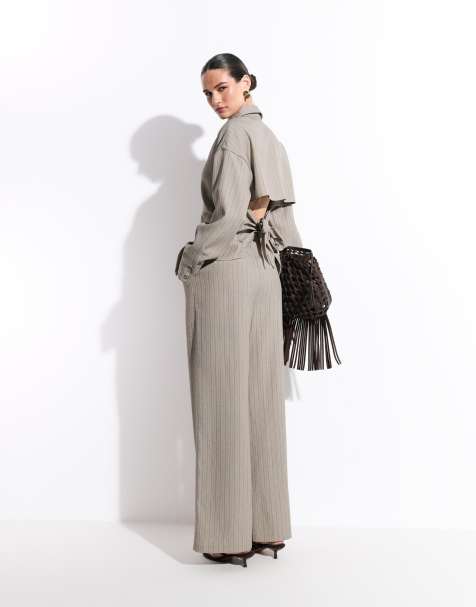 Kaiia exclusive open tie back shirt and trousers in light brown stripe - view 1