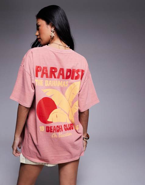 Kaiia – Exclusive – Oversize-T-Shirt aus Baumwolle in Orange mit kontrastierender „Bahamas“-Grafik - view 1