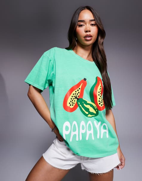 Kaiia – Exclusive – Oversize-T-Shirt mit hohem Baumwollanteil in Grün mit Papaya-Grafikmotiv - view 1