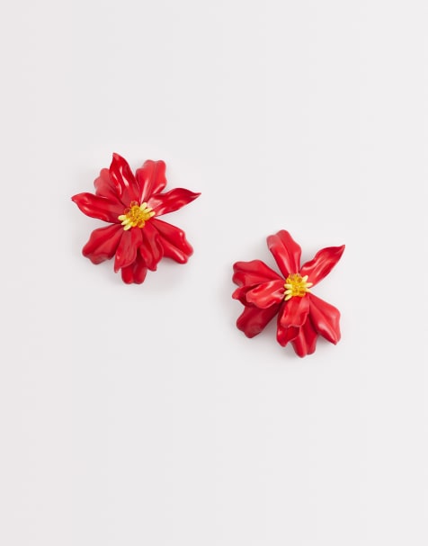 Kaiia exclusive oversized 3D flower earrings in red - view 1