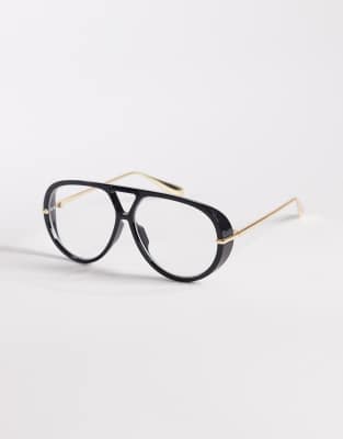 Kaiia Kaiia exclusive oversized clear lens aviator glasses in black and gold-Multi