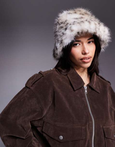 Kaiia exclusive oversized faux fur bucket hat in snow leopard - view 1