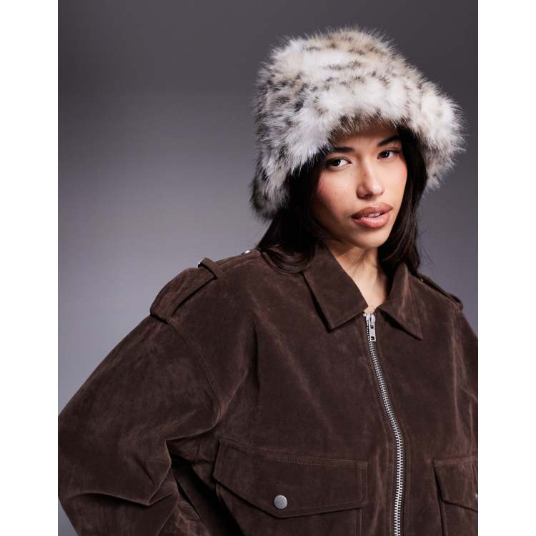 Kaiia exclusive oversized faux fur bucket hat in snow leopard | ASOS