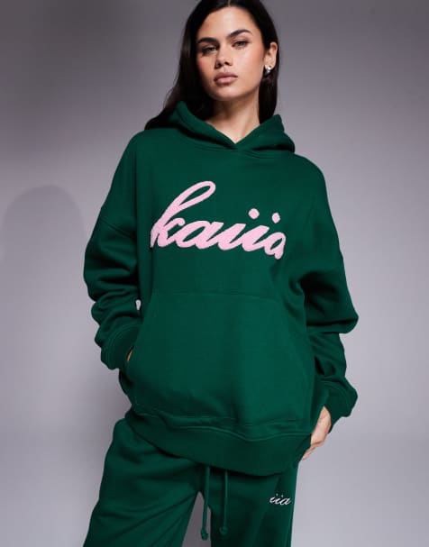 Kaiia - Exclusive - Oversized katoenrijke hoodie met borg logo in groen en roze, deel van co-ord set - view 1