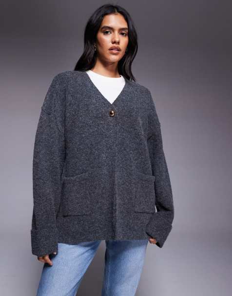 Kaiia exclusive oversized knitted gold button detail longline cardigan in charcoal - view 1