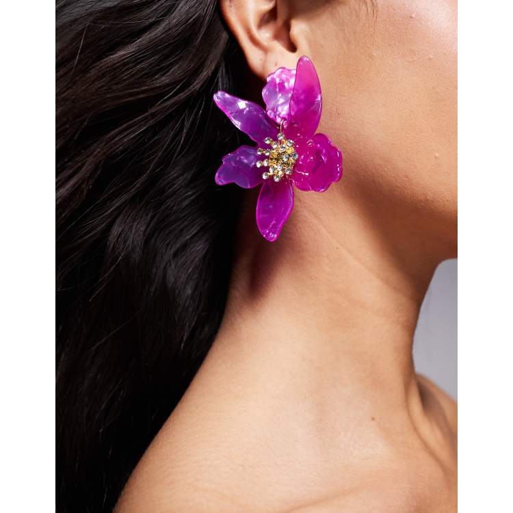 ピアス [KATENKELLY] Flower Power Unbalanced Earrings Vintage Lucite Screw Back Earrings Pink Carved Clay Flowers