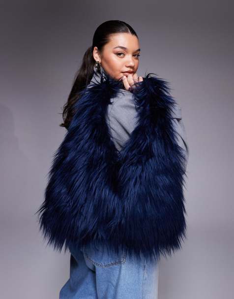 Kaiia exclusive oversized shaggy faux fur tote bag in navy - view 1