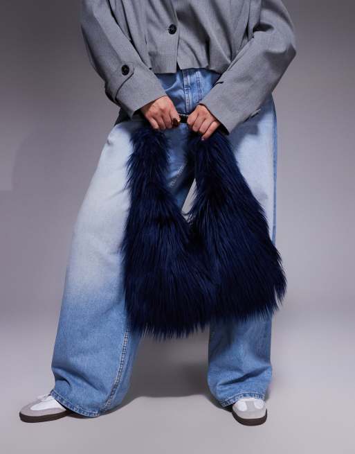 Kaiia exclusive oversized shaggy faux fur tote bag in navy, 4 of 4