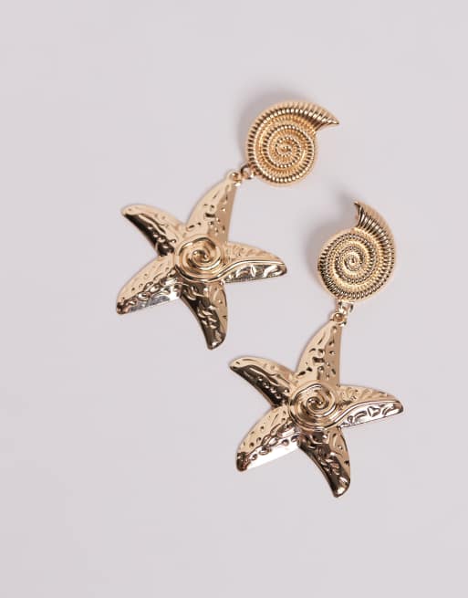 Kaiia exclusive oversized shell and starfish drop earrings in gold  , 2 of 3