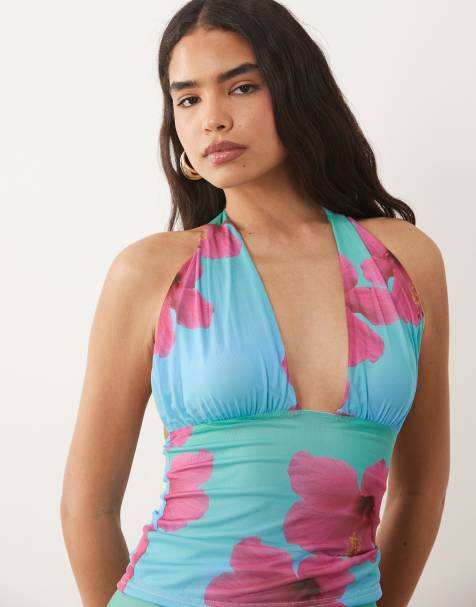 Kaiia Exclusive - Parte de un conjunto - Top azul aguamarina y rosa ceñido escotado con estampado floral y cuello halter - view 1