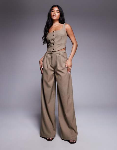 Kaiia exclusive pleat detail tailored wide leg trouser co-ord in washed brown - view 1