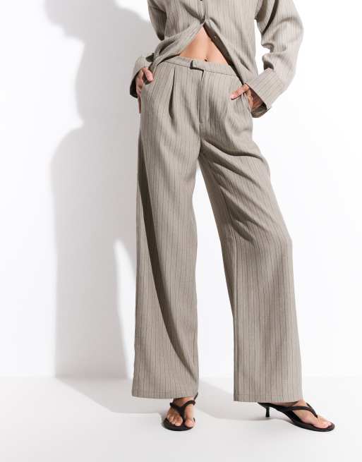 Kaiia exclusive pleated front straight leg tailored pants in light brown stripes - part of a set, 2 of 9