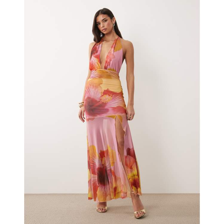 Kaiia exclusive plunge choker sheer hem detail maxi dress in pink