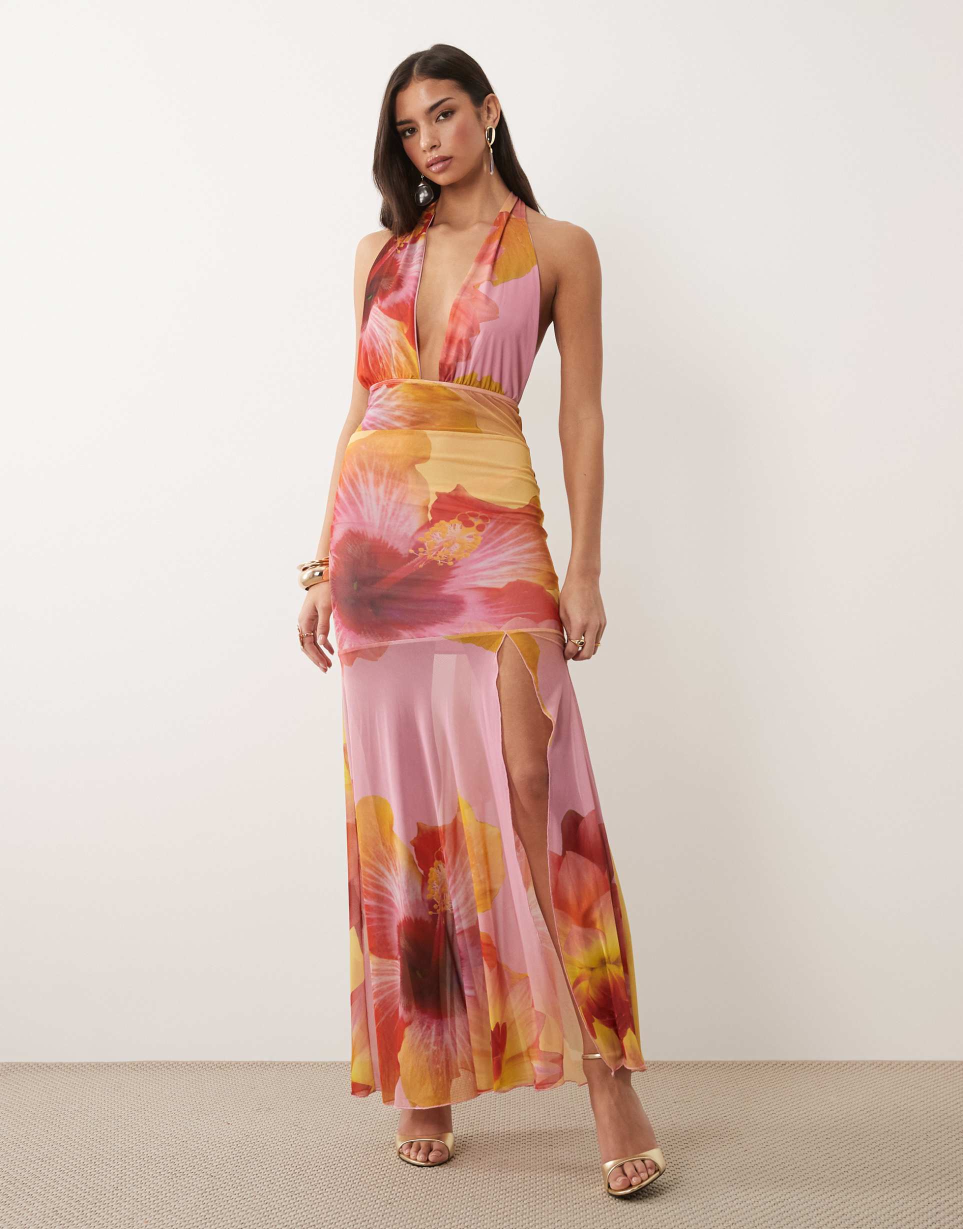 kaiia exclusive plunge choker sheer hem detail maxi dress in pink and lemon floral