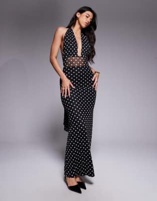 Kaiia Exclusive Plunge Halterneck Sheer Panel Maxi Dress In Multi