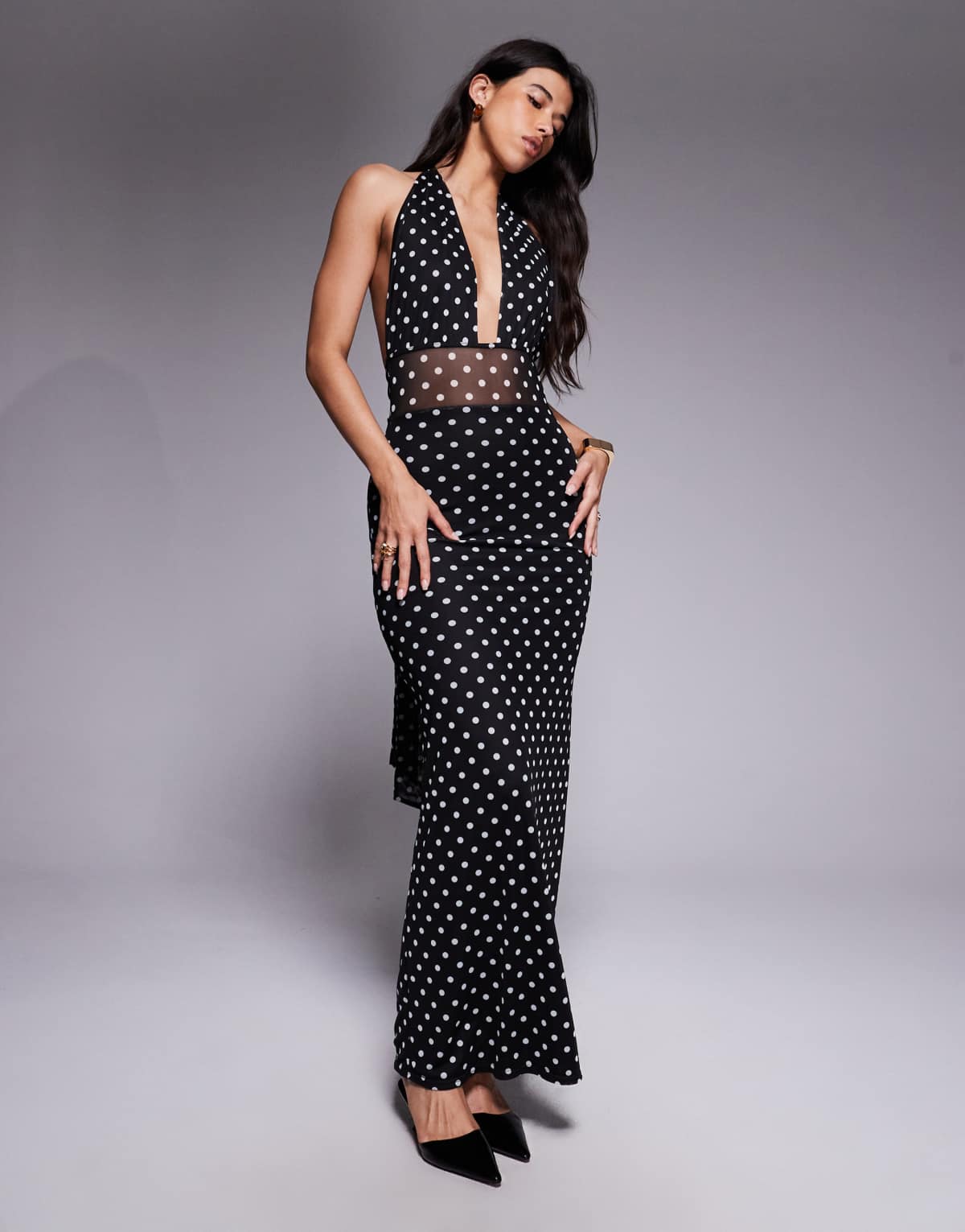 Kaiia exclusive plunge halterneck sheer panel maxi dress in mono polka dot