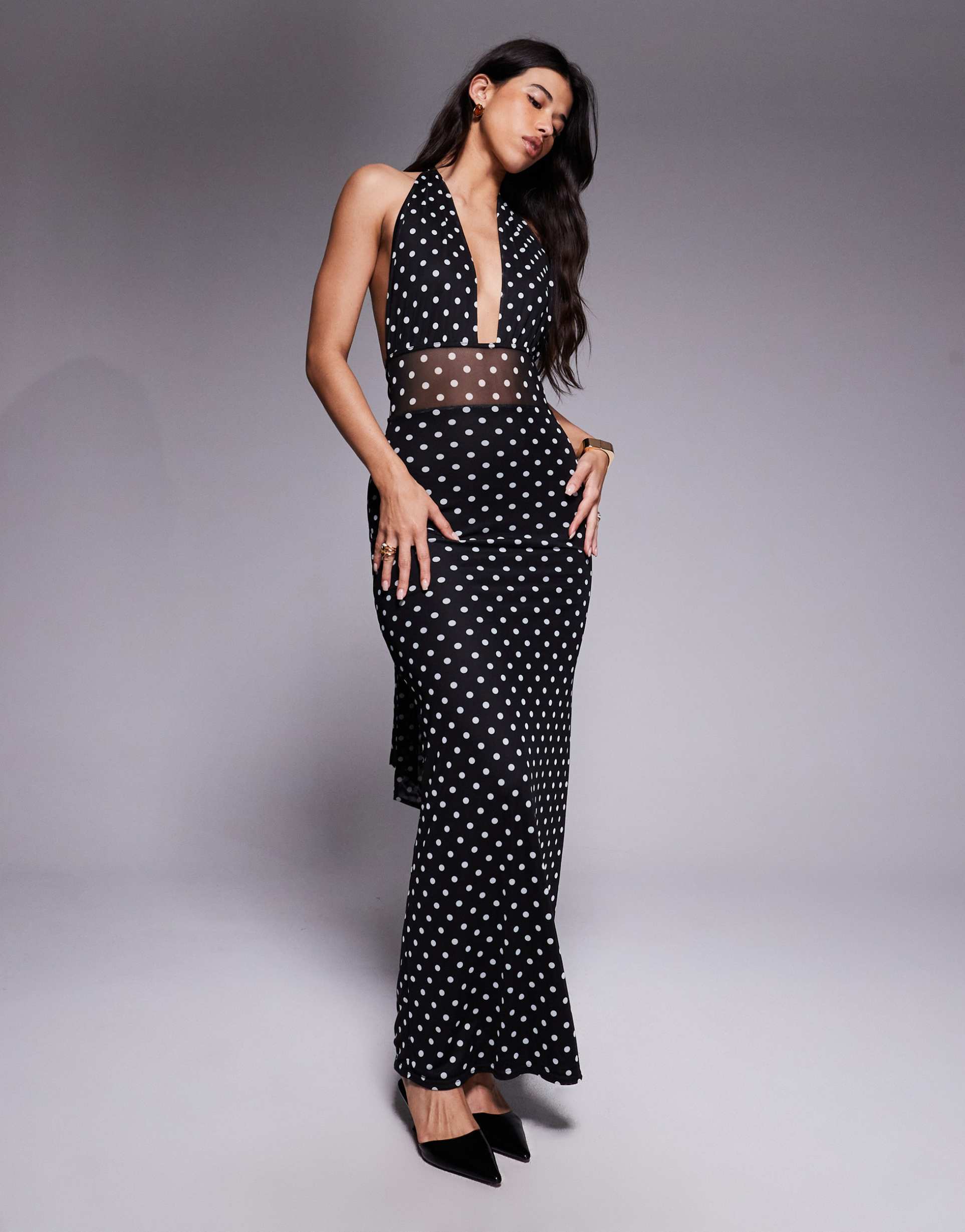 kaiia exclusive plunge halterneck sheer panel maxi dress in mono polka dot