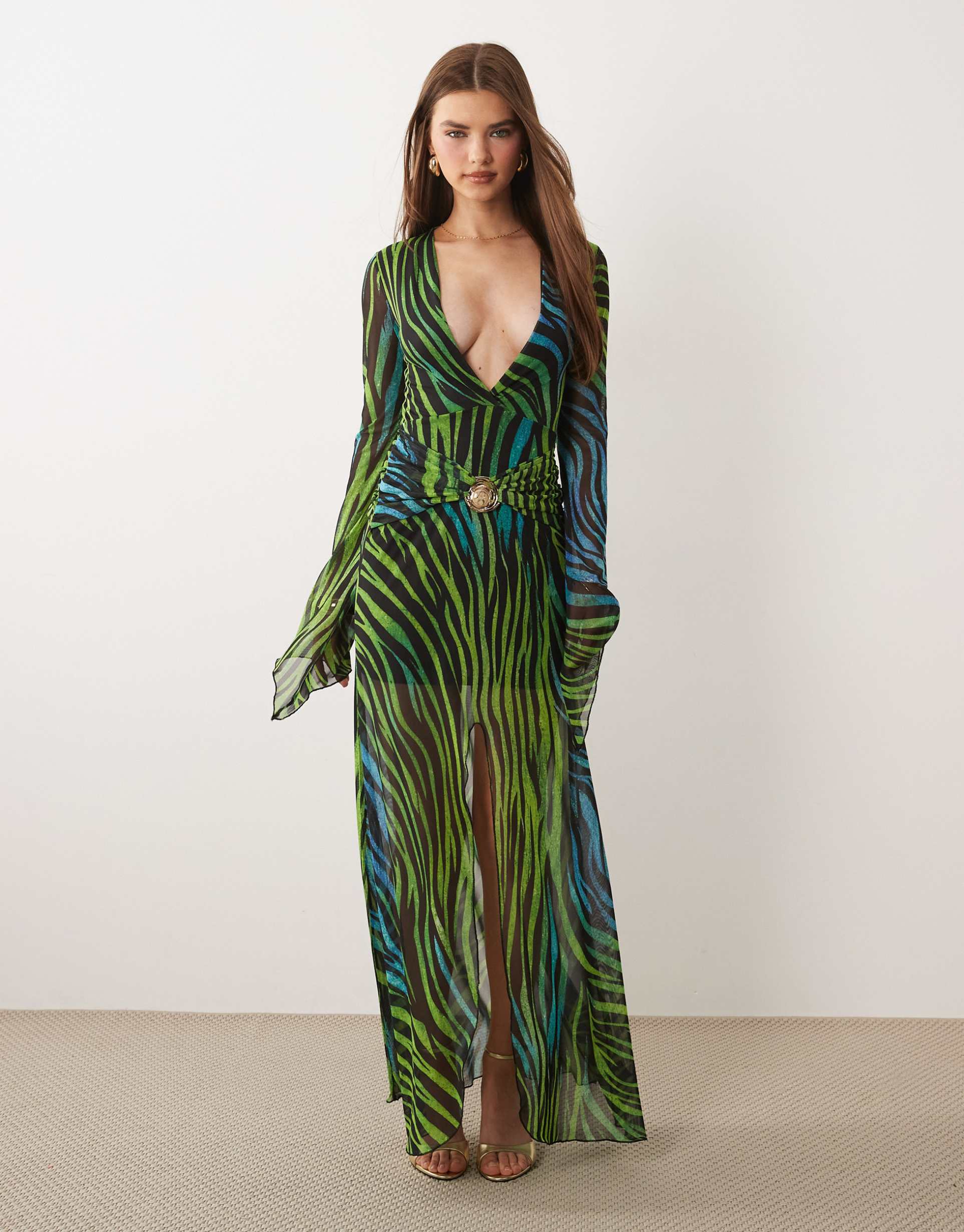 kaiia exclusive plunge long sleeve metal hardware detail split detail maxi dress in blue and green zebra