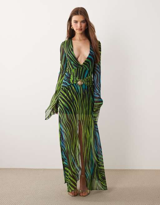 Kaiia exclusive plunge long sleeve metal hardware detail split detail maxi  dress in blue and green zebra | ASOS