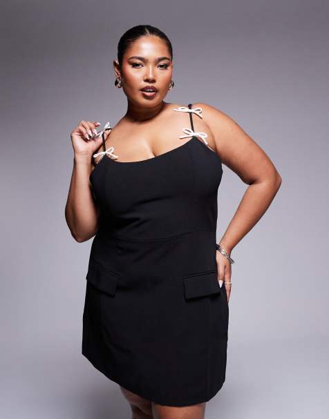 Kaiia exclusive Plus tailored contrast bow detail cami mini dress in black   - view 1