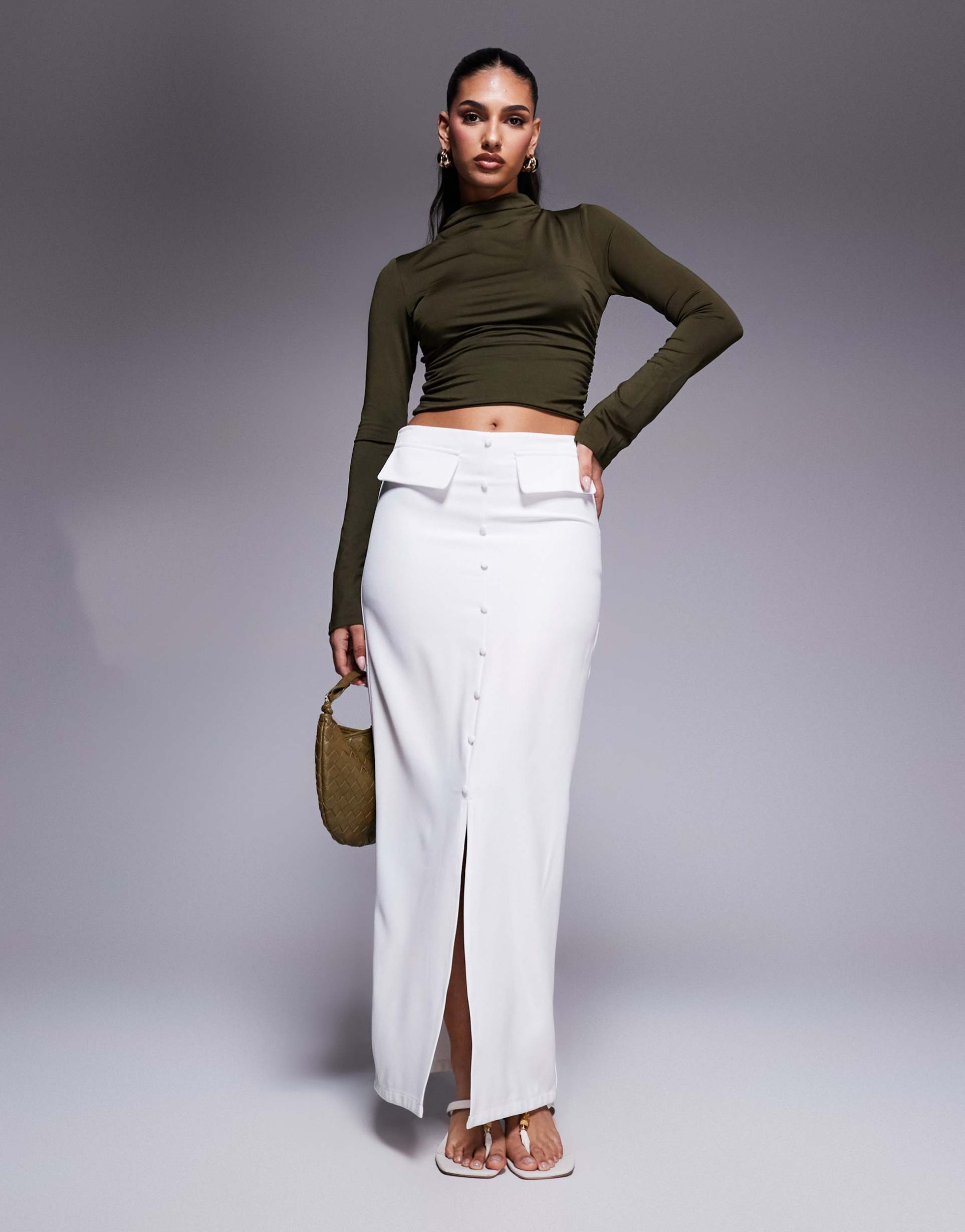 kaiia exclusive pocket detail front split maxi skirt in white