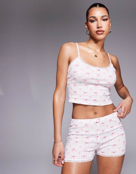 Kaiia Exclusive pointelle rose detail cami pyjama top co-ord in white bow print - view 1
