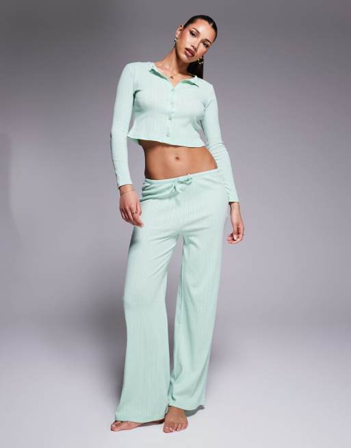 Kaiia exclusive pointelle wide leg pajama bottoms in mint - part of a set