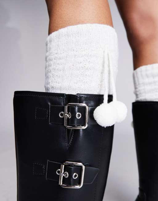Kaiia exclusive pom pom detail cable knit leg warmers in white | ASOS
