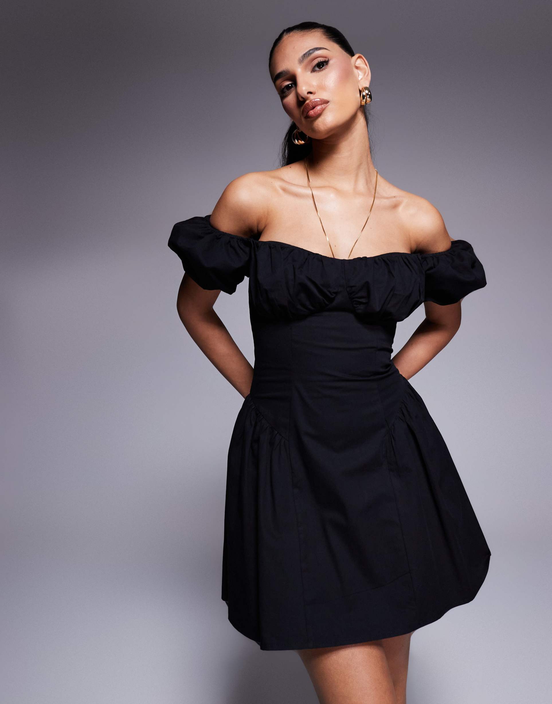 kaiia exclusive poplin puff sleeve hip pleat detail mini dress in black