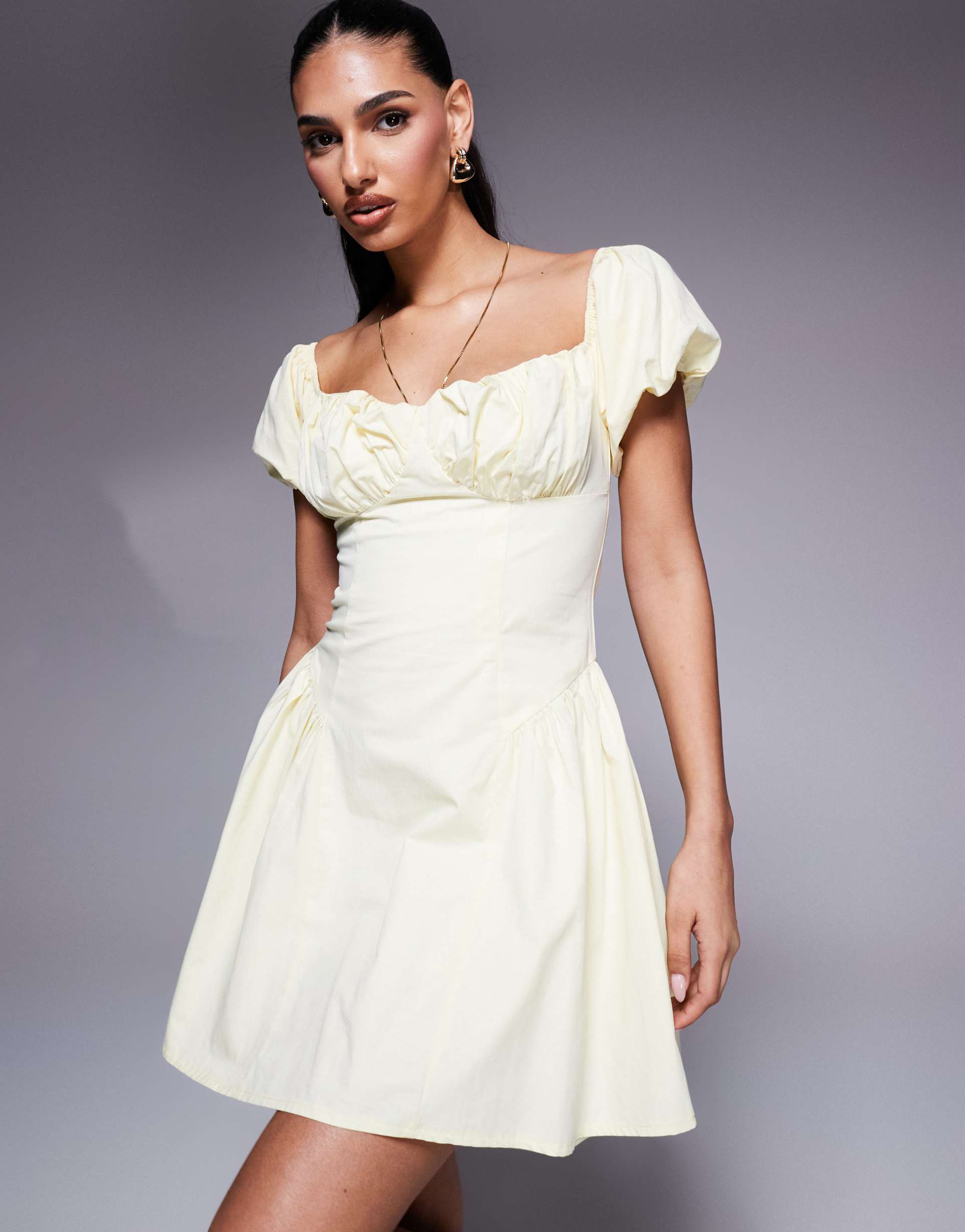 kaiia exclusive poplin puff sleeve hip pleat detail mini dress in lemon