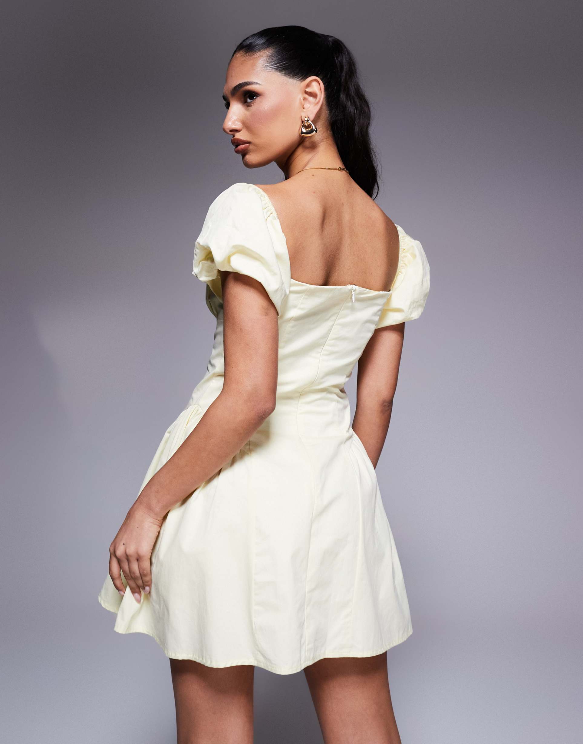 kaiia exclusive poplin puff sleeve milkmaid mini dress in lemon