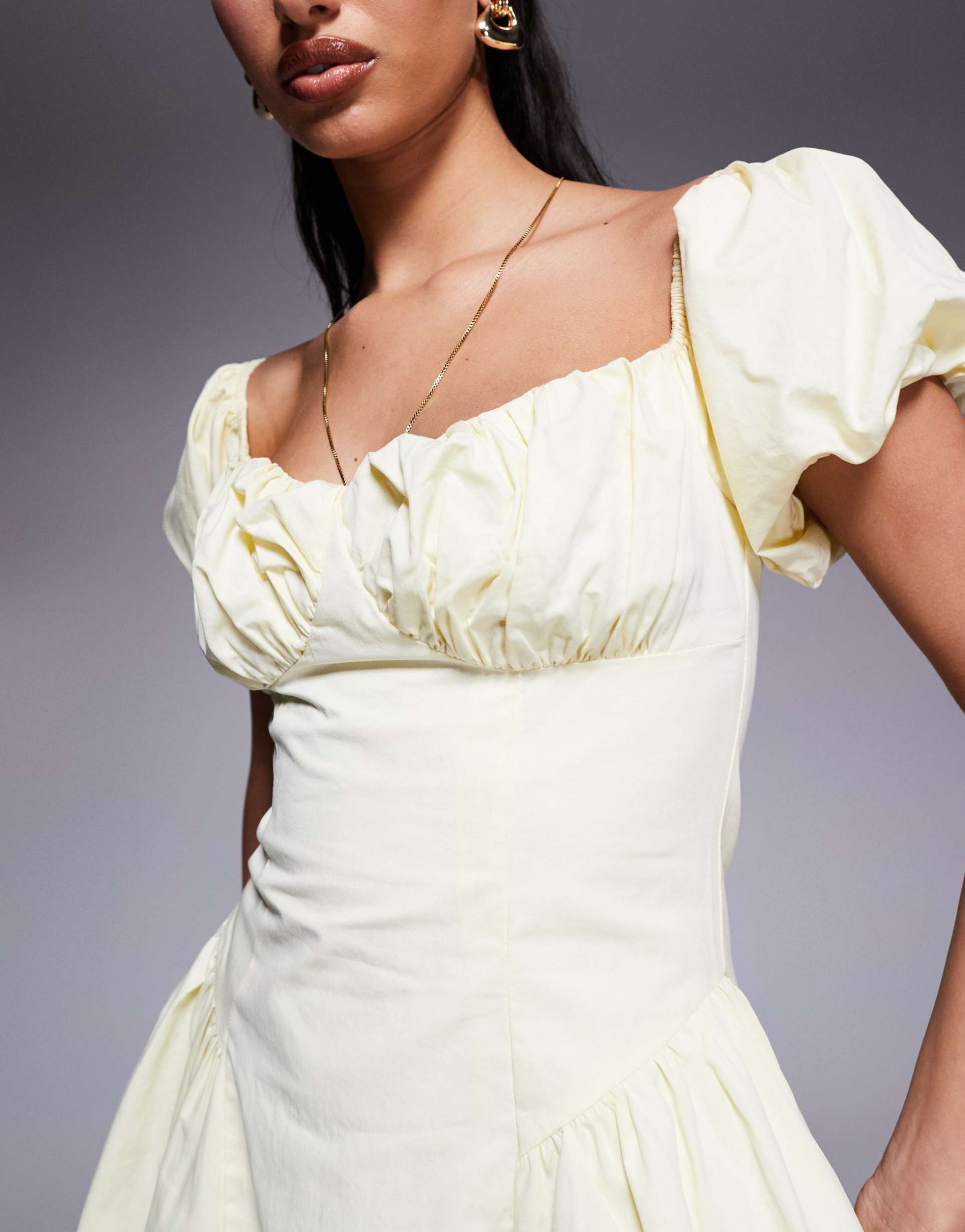 kaiia exclusive poplin puff sleeve milkmaid mini dress in lemon