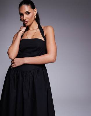 Kaiia exclusive poplin square halter neck maxi dress in black