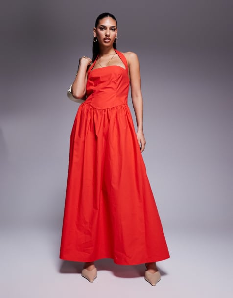 Kaiia exclusive poplin square neck halter maxi dress in red - view 1
