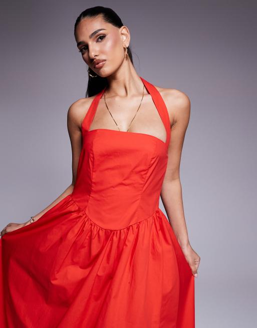 Kaiia exclusive poplin square neck halter maxi dress in red