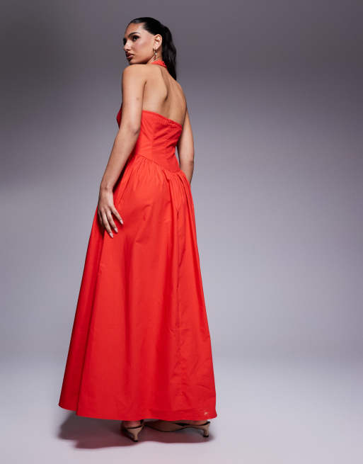 Kaiia exclusive poplin square neck halter maxi dress in red