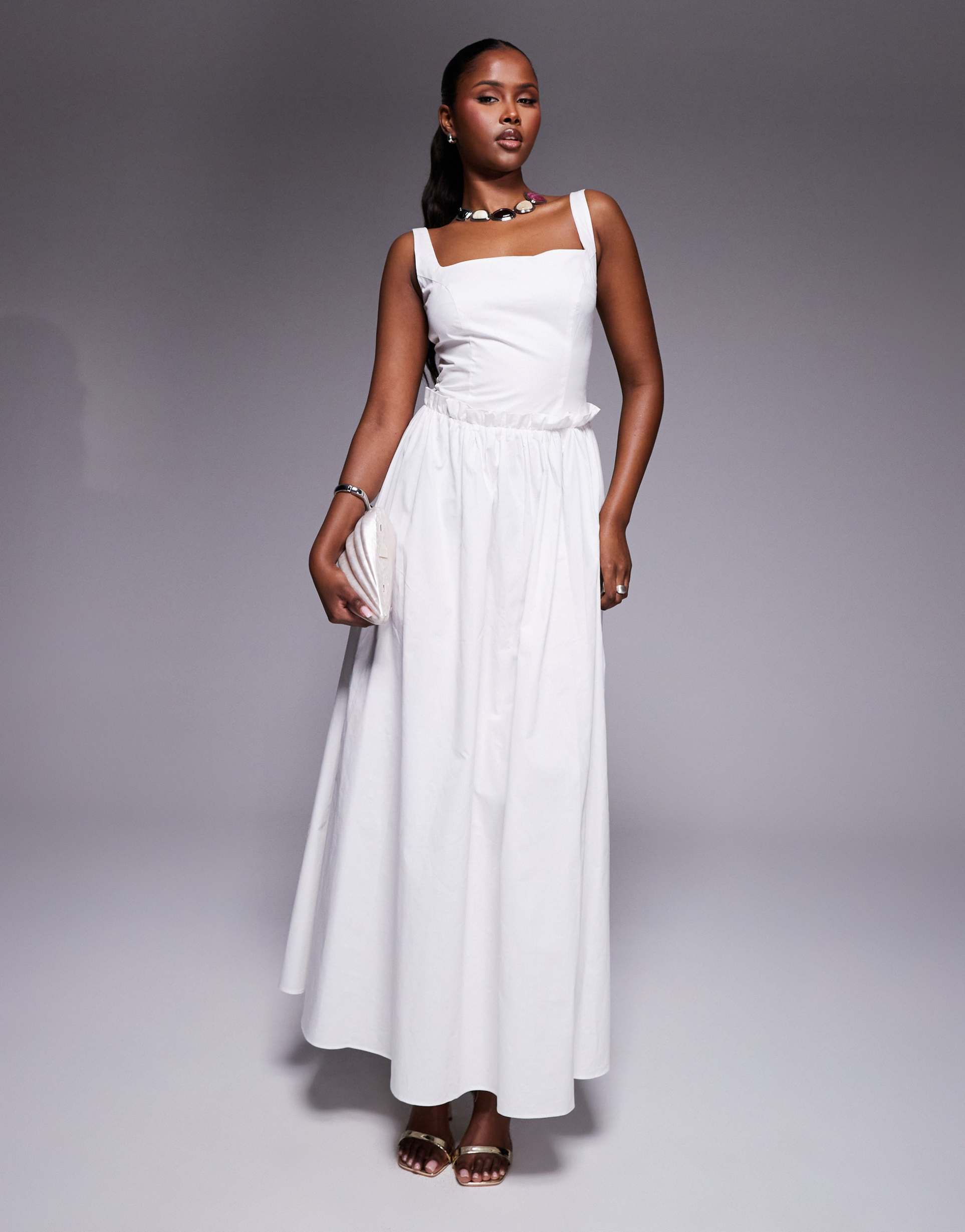 kaiia exclusive poplin square neck ruffle waist maxi dress in white
