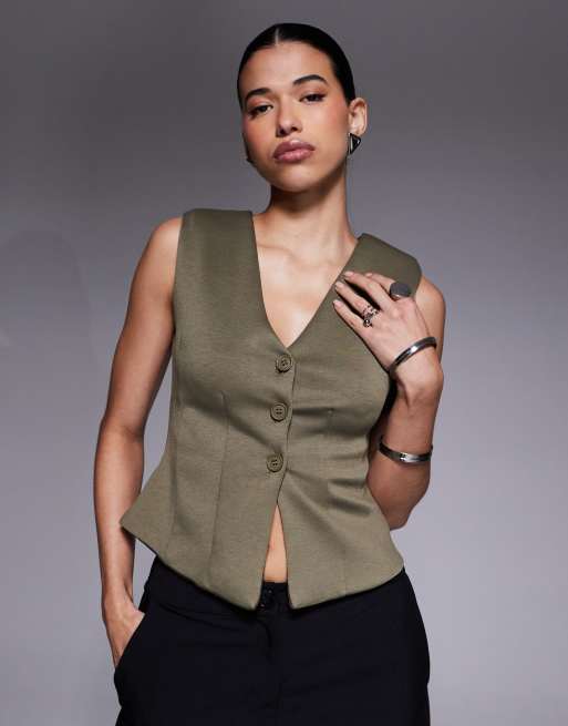 Kaiia exclusive premium cotton touch slinky button front cinched waist vest top in olive