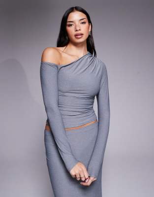 Kaiia Exclusive Premium Cotton Touch Slinky Off Shoulder Long Sleeve Top In Gray